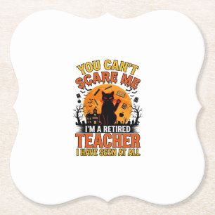 Retired Teacher Halloween Cat Vintage Shirt Design Paper Coaster