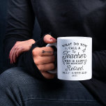 Retired Teacher Head of School Retirement white Two-Tone Coffee Mug<br><div class="desc">what do you call a teacher who is happy on monday? retired. - Funny retired teacher saying that's perfect for the retirement parting gift for your favorite coworker who has a good sense of humor. The saying on this modern teaching retiree gift says "What Do You Call A Teacher Who...</div>
