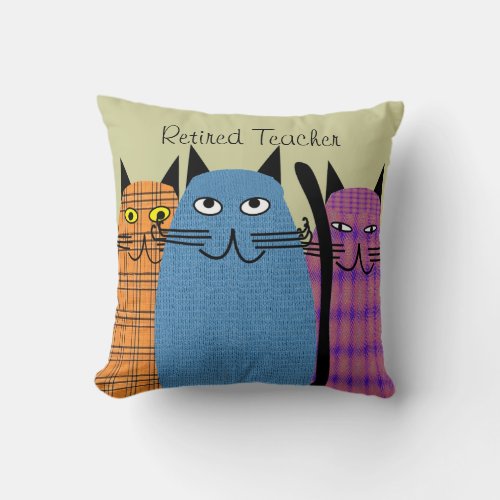 Retired Teacher PIllow Folk Art Cats