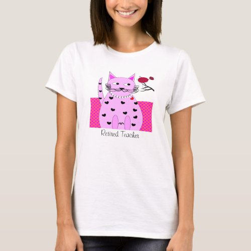 Retired Teacher T_Shirt Whimsical Pink Cat Bird