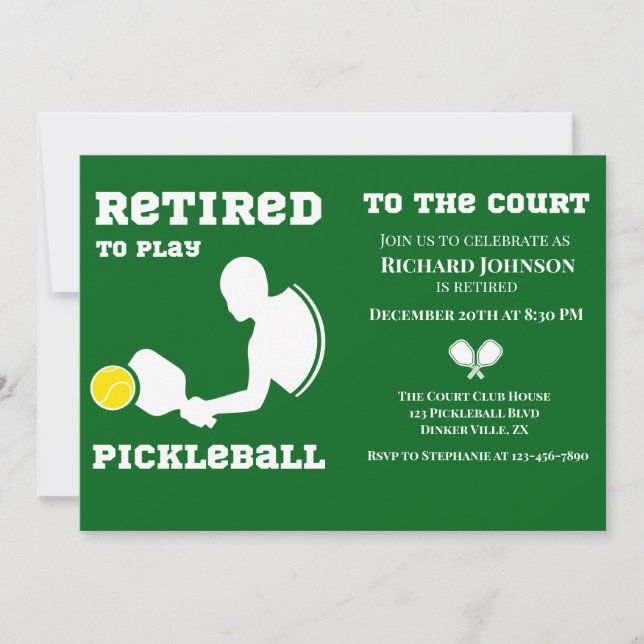 Retired to Play Pickleball Man Sports Green Invitation (Front)