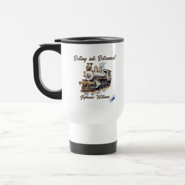 Retired Travel Theme Rolling into Retirement Train Mug (Left)