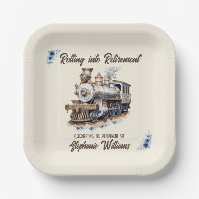 Retired Travel Theme Rolling into Retirement Train Paper Plates (Front)