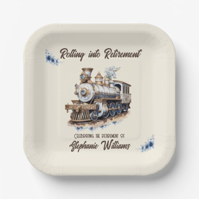 Retired Travel Theme Rolling into Retirement Train Paper Plates (Front)