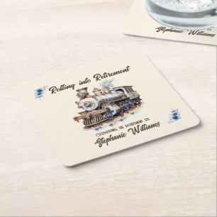 Retired Travel Theme Rolling into Retirement Train Square Paper Coaster