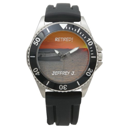 Retired Wrist Watch Fishing Boat Black Strap