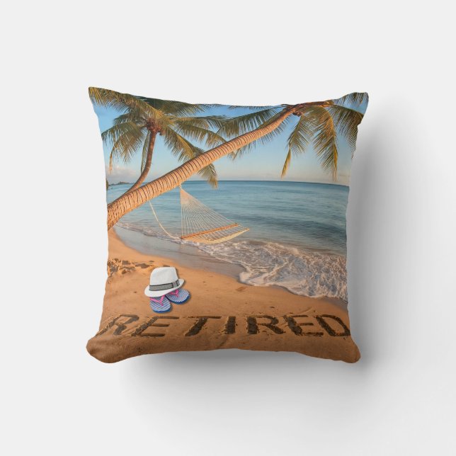 Retired Written in Sand Tropical Florida Beach Throw Pillow (Front)