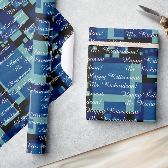 Retirement Add YOUR Text Blue Teal Mid Century Wrapping Paper (Creator Uploaded)