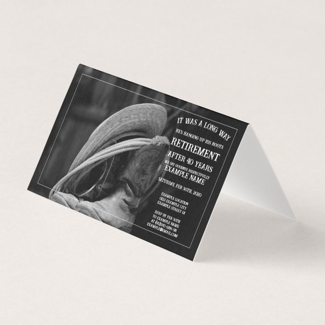 Retirement announcement with cowboy hat and boots (Front)