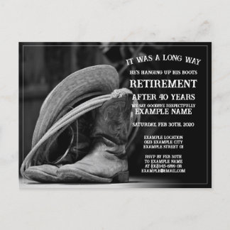 Retirement announcement with cowboy hat and boots
