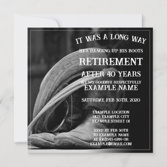 Retirement announcement with cowboy hat and boots (Front)