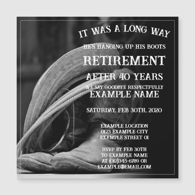 Retirement announcement with cowboy hat and boots (Front)