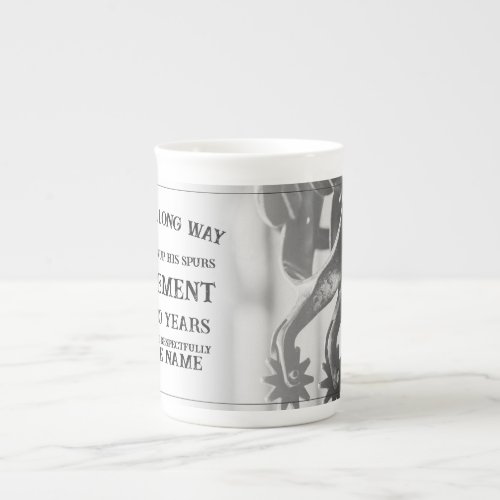 Retirement announcement with old spurs bone china mug