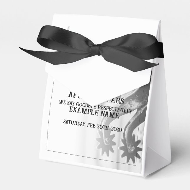 Retirement announcement with old spurs favor boxes (Front Side)