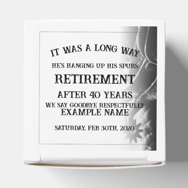 Retirement announcement with old spurs favor boxes (Top)