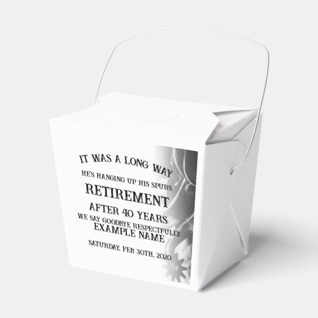 Retirement announcement with old spurs favor boxes (Front Side)