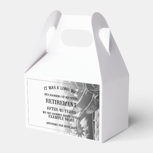 Retirement announcement with old spurs favor boxes