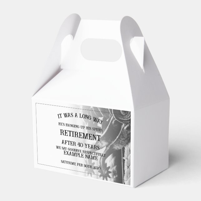 Retirement announcement with old spurs favor boxes (Front Side)