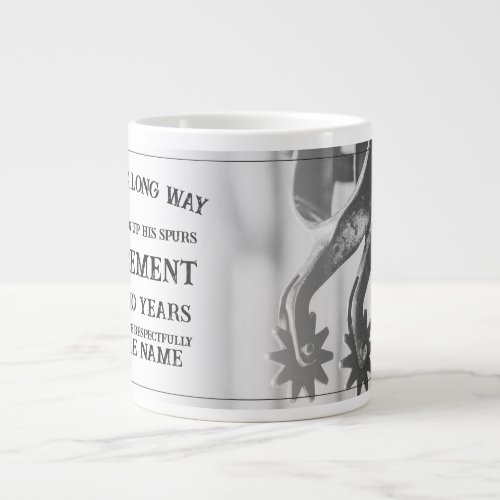 Retirement announcement with old spurs giant coffee mug