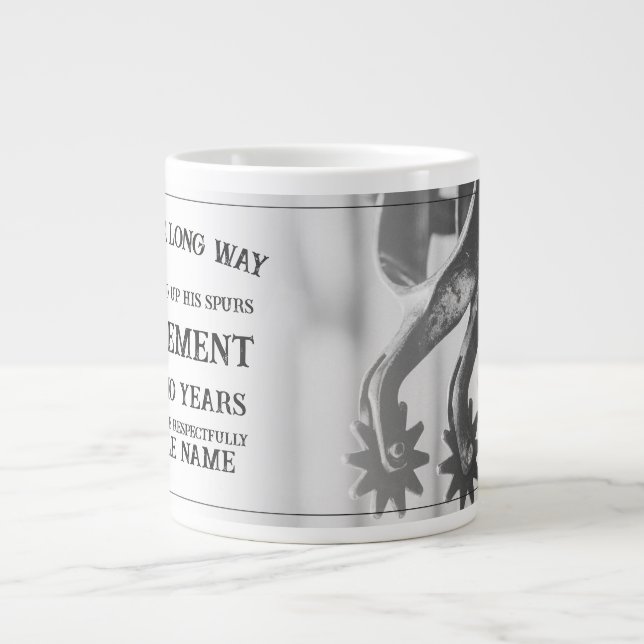Retirement announcement with old spurs giant coffee mug (Front)