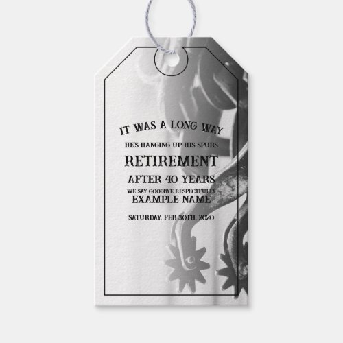 Retirement announcement with old spurs gift tags