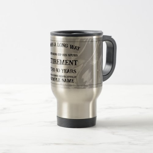 Retirement announcement with old spurs travel mug