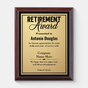 Retirement Award For Retiree Simple Gold & Black Plaque