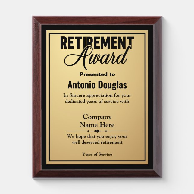 Retirement Award For Retiree Simple Gold & Black Plaque (Vertical)