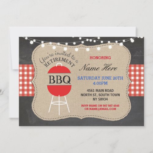 Retirement BBQ Check Chalk Burlap Red Invitation