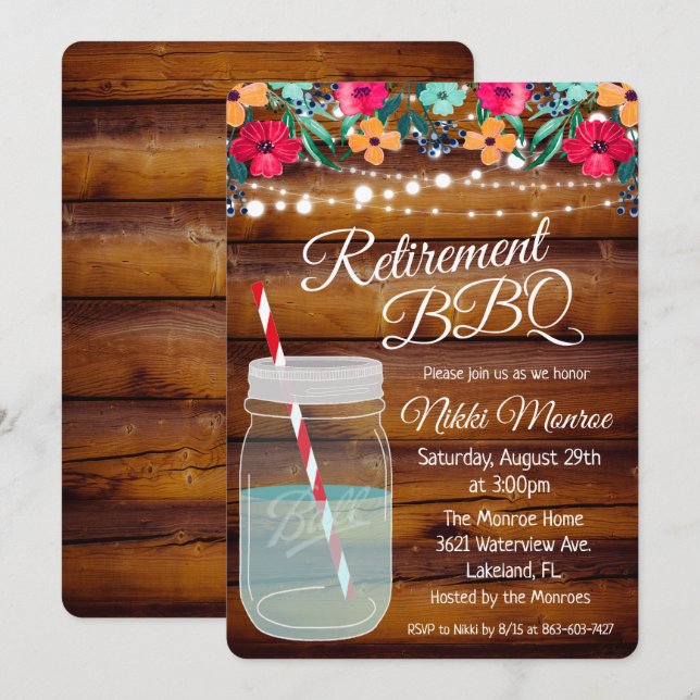 Retirement BBQ Mason Jar Invitation (Front/Back)