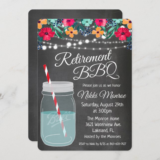Retirement BBQ Mason Jar Invitation (Front/Back)