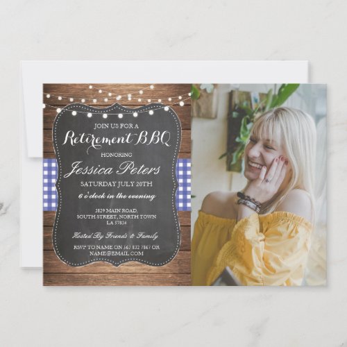 Retirement BBQ Party Blue Check Rustic Chalk Photo Invitation