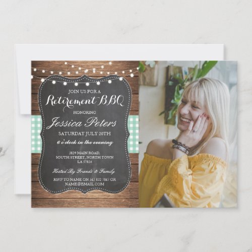 Retirement BBQ Party Mint Check Rustic Chalk Photo Invitation