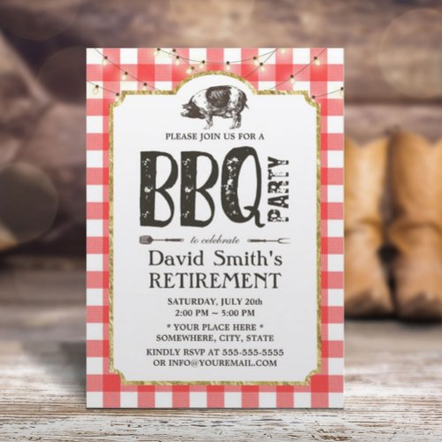 Retirement BBQ Party String Lights Red Plaid Invitation