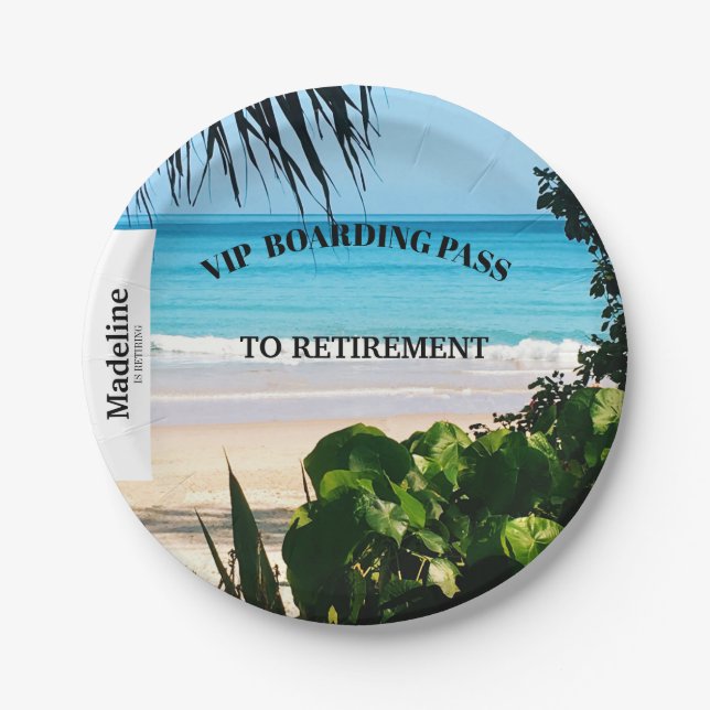 Retirement Beach Scene Boarding Pass Destination   Paper Plates (Front)