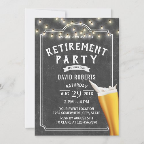 Retirement Beer Cheers String Lights Chalkboard Invitation