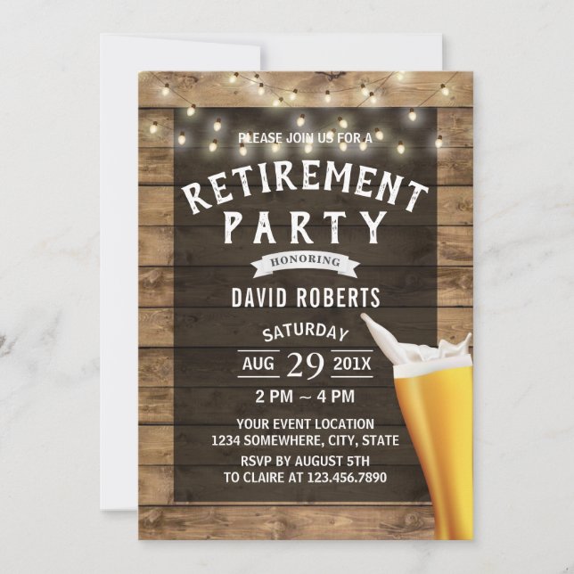 Retirement Beer Cheers String Lights Rustic Wood Invitation (Front)