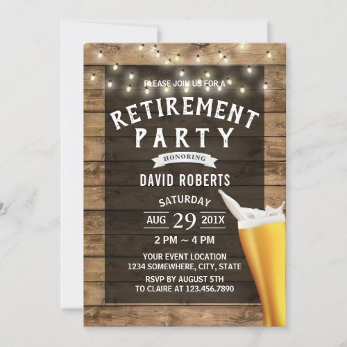 Retirement Beer Cheers String Lights Rustic Wood Invitation