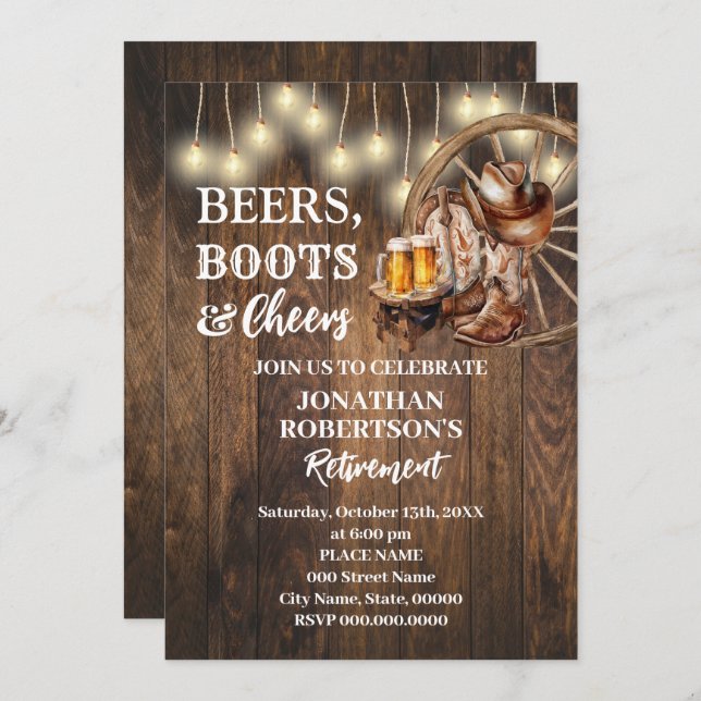 Retirement Beers Boots & Cheers Western Party Invitation (Front/Back)