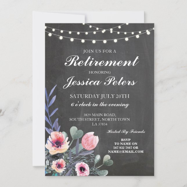 Retirement Birthday Pink Flowers Chalk Invite (Front)