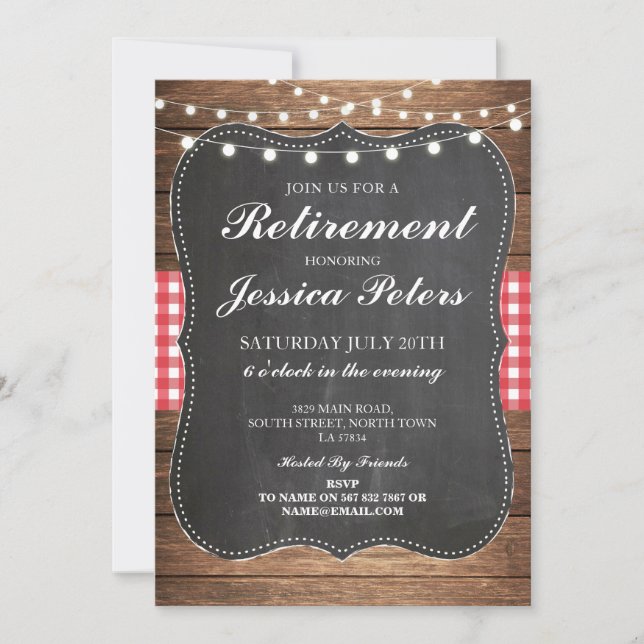 Retirement Birthday Red Gingham Chalk Invite (Front)