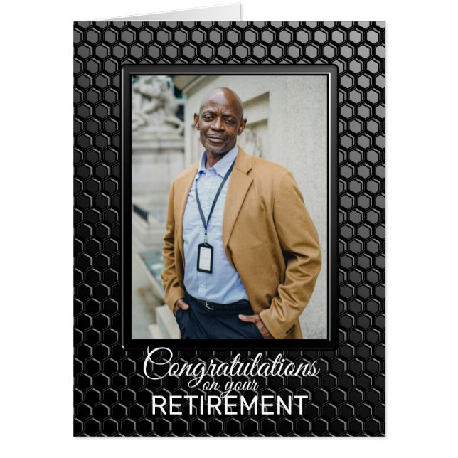 Retirement Black Geometric Pattern Custom Photo Card (Front)