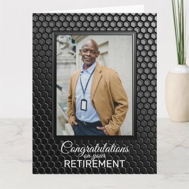 Retirement Black Geometric Pattern Custom Photo Card (Front)