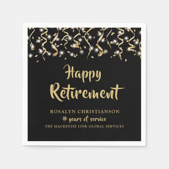 Retirement Black Gold Confetti Streamers Napkins (Front)