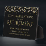 Retirement Black Gold Confetti Years of Service Plaque<br><div class="desc">Create a personalized retirement commemorative keepsake award plaque to recognize a retiring employee. Black and gold design with confetti, streamers and lights with the title CONGRATULATIONS ON YOUR RETIREMENT. Personalize with the employee's name, number of years of service and your company, organization or school name or other custom text. Contact...</div>