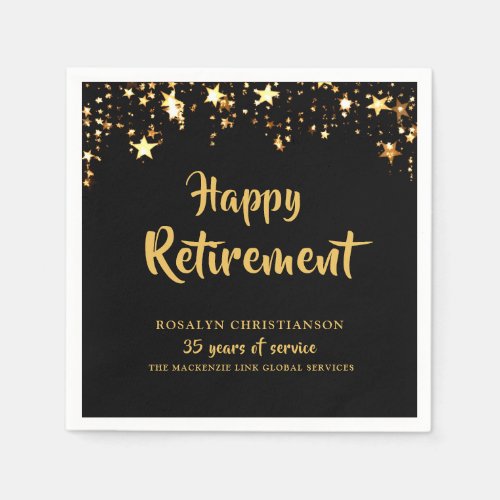 Retirement Black Gold Stars Years of Service Name Napkins