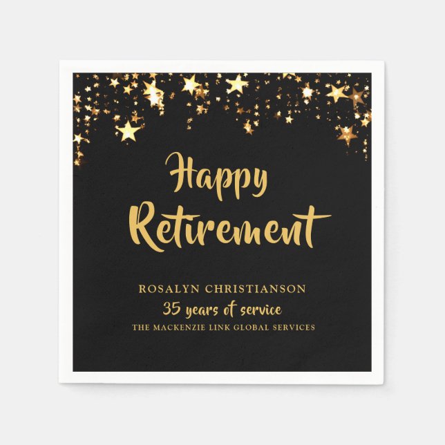 Retirement Black Gold Stars Years of Service Name Napkins (Front)