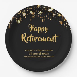 Retirement Black Gold Stars Years of Service Name Paper Plate