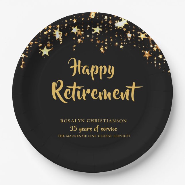 Retirement Black Gold Stars Years of Service Name Paper Plates (Front)