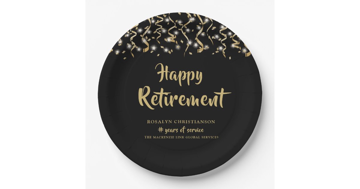 Retirement Black Gold Streamers Years of Service Paper Plates